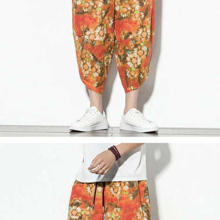 Pantaloncini Estivi Harajuku Larghi Stampati Traspiranti Casual a Lunghezza Polpaccio in Cotone Oversize da Uomo