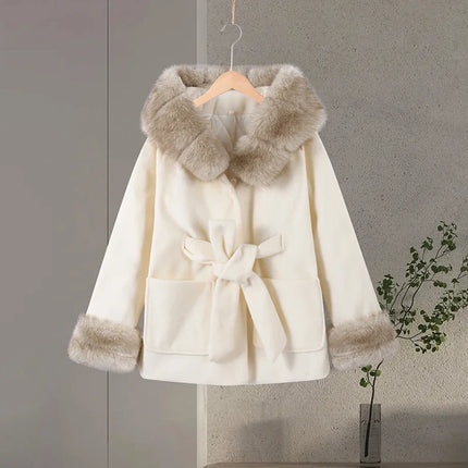 Casual Patchwork Faux Fur Collar Women's Coat Lace Up Pockets Thicken Lady Coats 2026 Autumn Winter Female Street Outerwear