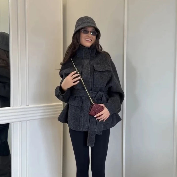 Casual Solid Woolen Loose Coats Women Belt Stand Collar Full Sleeve Zippers Lace Up Coat Female 2026 Autumn Lady Outwears