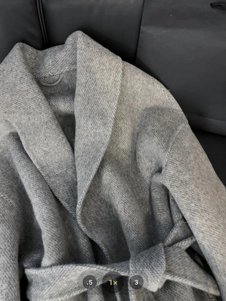 Faux Grey Elegant Casual Winter Belted Mid-Length Overcoat Women's Fashion Outerwear Warm Coat 2025 Fashion Cardigan Jacket