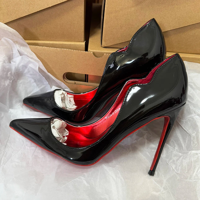 Veowalk Women's Stiletto Heel Pointed Toe Pumps Wave Cut Trendy Design Red Inside Slip On 12cm High Heels Glossy Nude Black White