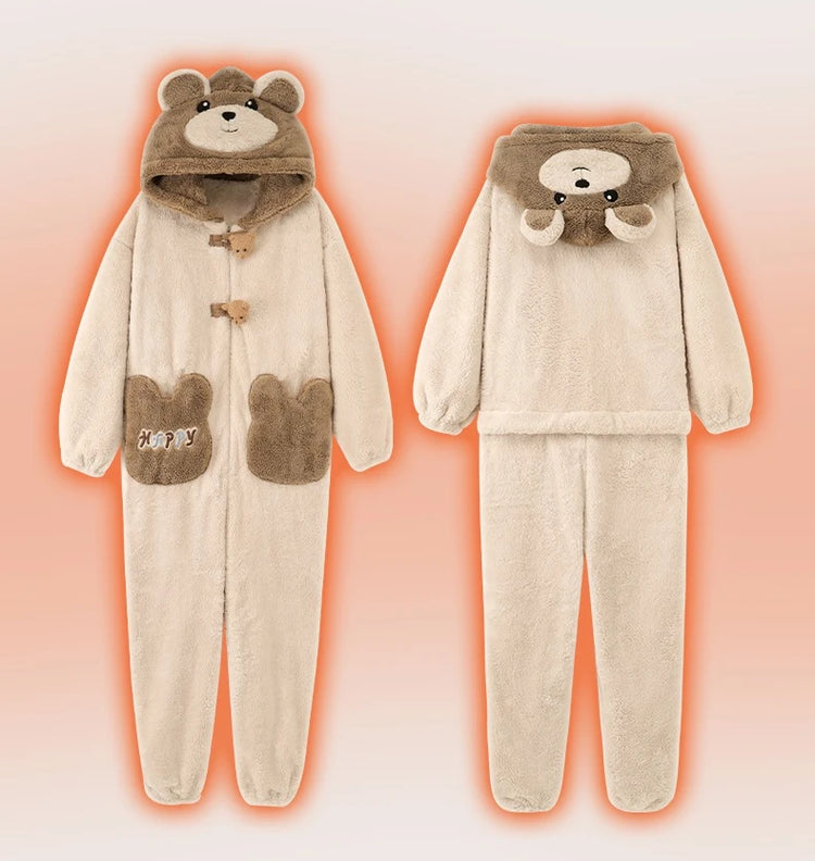 Winter Pajamas Cartoon Bear Costume Pijama Kawaii Adult Couples Kigurumis Sleepwear Jumpsuits Coral Fleece Loose Warm Homewear