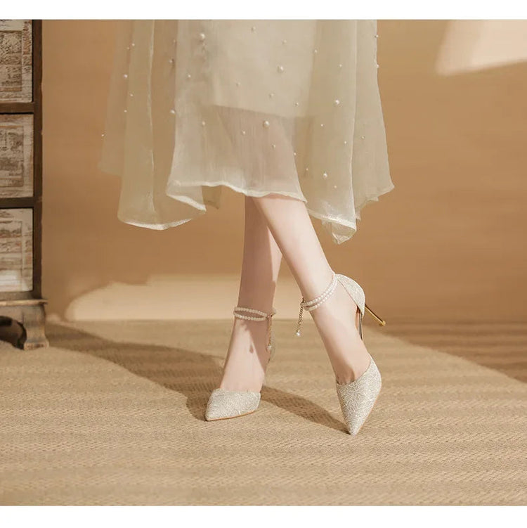 Size 31-43 Women High Heels Stiletto Heel Summer Lace Mesh Sweet Gold Silver Wedding Shoes PlatiNum