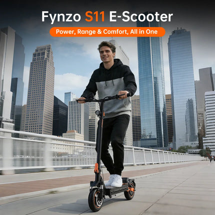 Monopattino Elettrico Fynzo S11, Motore Singolo da 1100W, Autonomia Massima 60 km, Carico Massimo 130 kg, IP54, Freni E-ABS + Freni a Disco Anteriori e Posteriori, Forcella Anteriore Ammortizzata, Forcellone Posteriore a Dopp