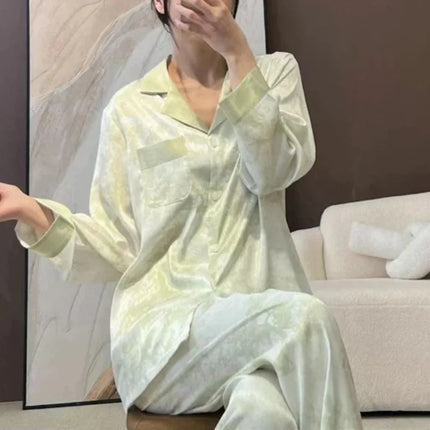 Set pigiama in raso da donna primavera New Classic Sandpainting pigiama Set manica lunga bottone verde pigiama Lounge Pant donna Sleepwear