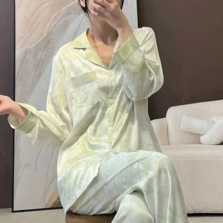 Set pigiama in raso da donna primavera New Classic Sandpainting pigiama Set manica lunga bottone verde pigiama Lounge Pant donna Sleepwear