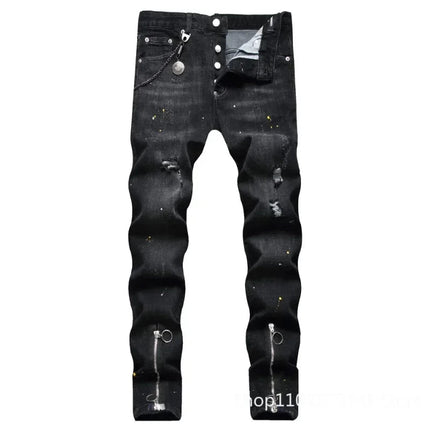 New Fashion Men Black Ripped Denim Jeans talian High Street Style Denim Pants High Quality Male Slim Fit Denim Trousers Size 38 PlatiNum