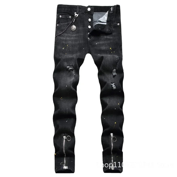 New Fashion Men Black Ripped Denim Jeans talian High Street Style Denim Pants High Quality Male Slim Fit Denim Trousers Size 38 PlatiNum