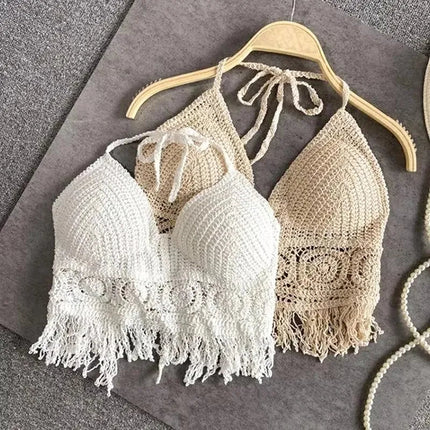 Sexy Boho Beach Holiday Canotta Halter Donna Crochet Maglia Costume da bagno Reggiseno Backless Vest Hollow Nappa Canotta Crop Top da donna platinumshop