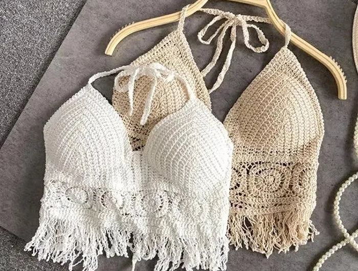Sexy Boho Beach Holiday Canotta Halter Donna Crochet Maglia Costume da bagno Reggiseno Backless Vest Hollow Nappa Canotta Crop Top da donna platinumshop