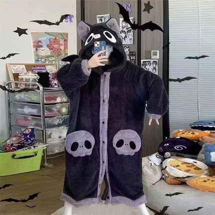 Cartoon Animal Fox Pajamas Women's Winter Coral Fleece Thickened One-Piece Plush Cute Long Hooded Plus Size Robe Home Wear