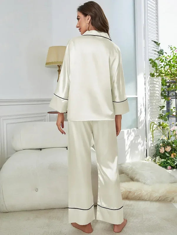 Pigiama da donna Completo da notte Completo da pigiama Pj Set Top a maniche lunghe in raso con pantaloni Pigiama da 2 pezzi Pigiama da donna