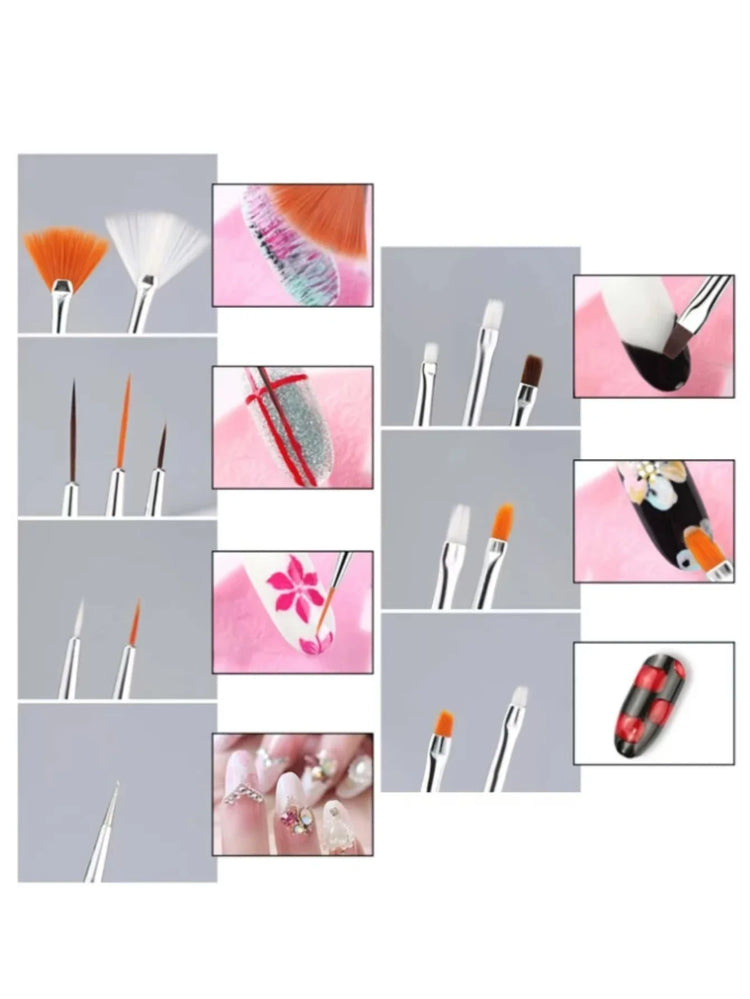 6/31Pcs Nail Art Brush Design Tip Painting Drawing Carving Dotting Pen FlatFan Liner Acrylic Gel UV Polish Nail Art Tools