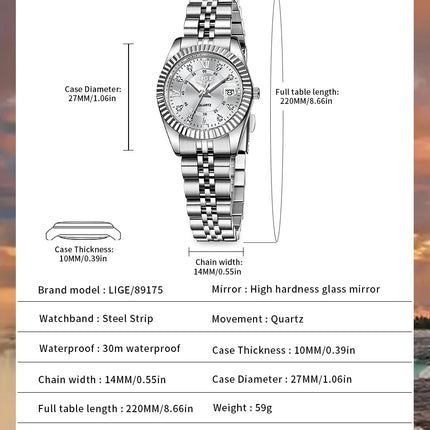 Orologio da Polso LIGE di Lusso con Strass per Donna, Cinturino in Acciaio Inossidabile, Movimento al Quarzo, Regalo, Reloj Mujer platinumshop