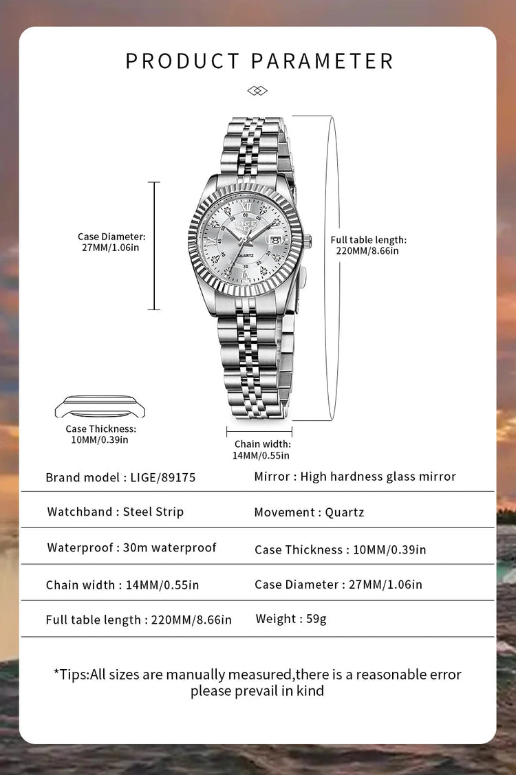 Orologio da Polso LIGE di Lusso con Strass per Donna, Cinturino in Acciaio Inossidabile, Movimento al Quarzo, Regalo, Reloj Mujer platinumshop