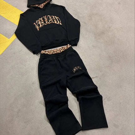 High street fashion leopard print letter embroidered men sportswear suit Y2K American casual retro hoodie trend loose clothing PlatiNum