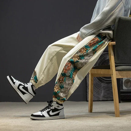 Pantaloni casual alla moda Abbigliamento da uomo Cotone Samurai giapponese Ricamo Patchwork Pantaloni Harem Pantaloni Harajuku oversize da uomo