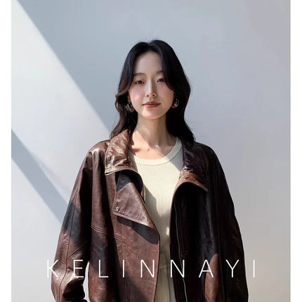 Waxed Sheepskin Genuine Leather Moto Biker Jacket Women Cropped Stand Collar Zip Up Snap Button Loose Casual Autumn Outwear 2026