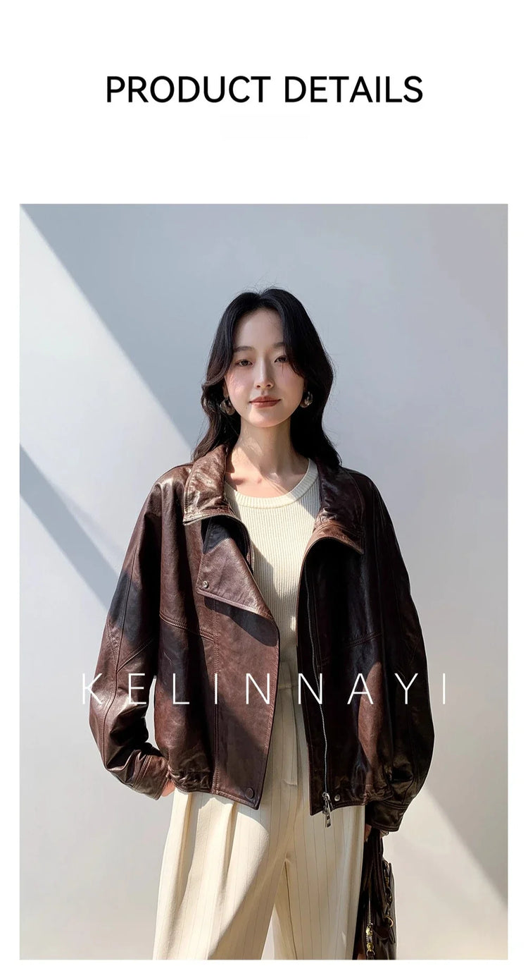 Waxed Sheepskin Genuine Leather Moto Biker Jacket Women Cropped Stand Collar Zip Up Snap Button Loose Casual Autumn Outwear 2026