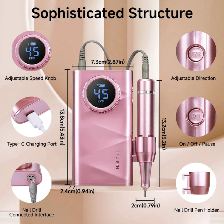 Cordless Professional Nail Drill Kit, 45000RPM Electric Nail Efile with LCD Display, Built-in 45 Ideal Holiday Gift