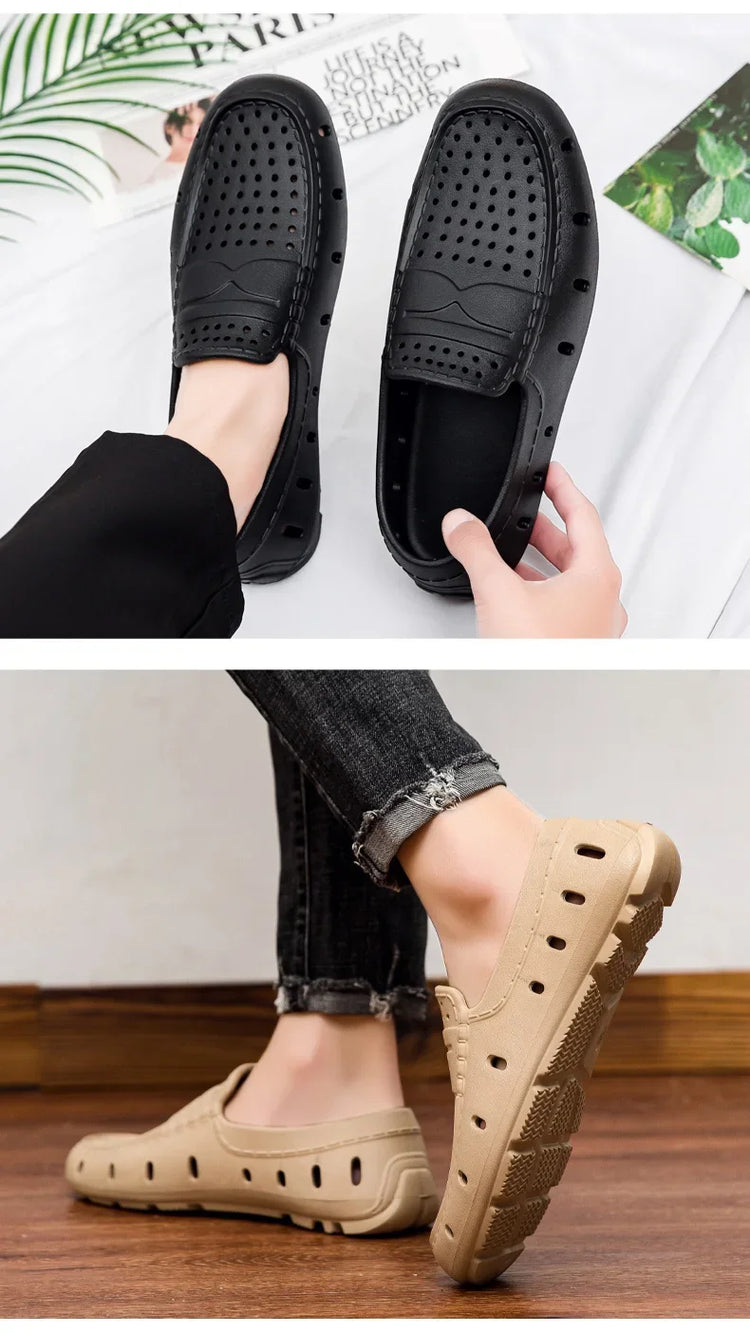 Mocassini Comodi da Uomo in Pelle, Scarpe Antiscivolo da Guida, Sandali Estivi, Zoccoli Casual con Punta Tonda, Scarpe da Lavoro Slip-on