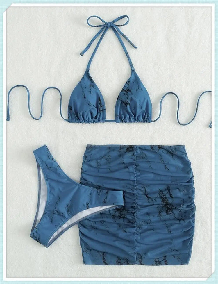 3 pezzi perizoma Bikini con gonna marmo texture costume da bagno donna costume da bagno Set costumi da bagno femminili abbigliamento da spiaggia nuoto estate platinumshop