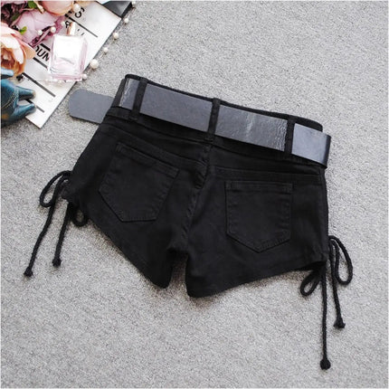 Korean Low Rise Denim Shorts 2024 - Riveted Lace Up Bodycon Black Hot Pants Vintage Cheeky Booty Summer TikTok Y2K Outfit PlatiNum
