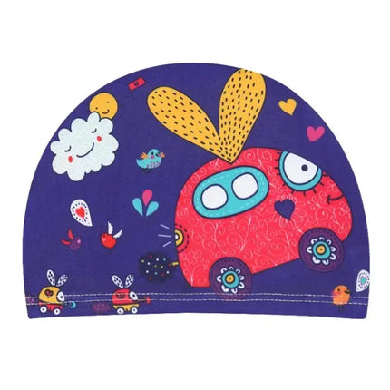 Kids Swim Cap Stretchy Fabric Cute Cartoon Long Hair Adorable Children Protect Ears Pool Hat for Boys and Girls