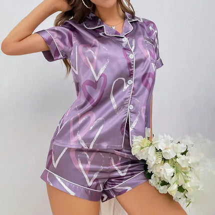 Pigiama da donna Pj Set Pigiama in raso con stampa a cuore Casual Manica corta Colletto con risvolto Top e pantaloni Indumenti da notte e pigiama per adulti platinumshop