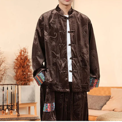 Giacca in velluto da uomo in stile cinese con stampa drago camicie da uomo tradizionale abito Tang Kung Fu Tai Chi camicie casual retrò abbigliamento da uomo