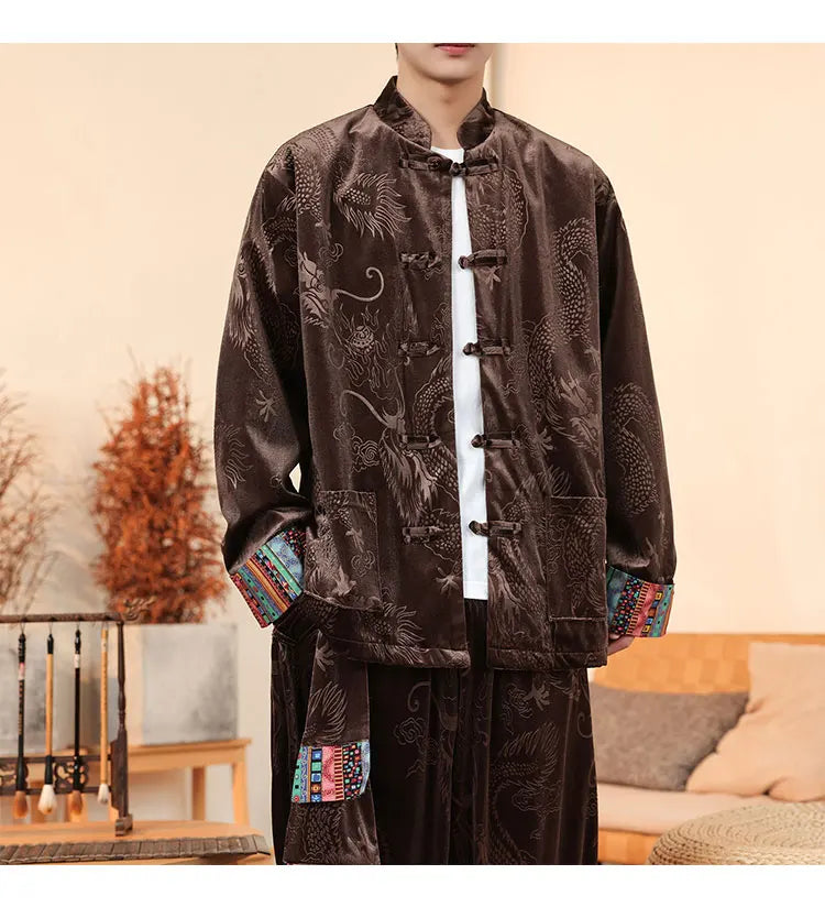 Giacca in velluto da uomo in stile cinese con stampa drago camicie da uomo tradizionale abito Tang Kung Fu Tai Chi camicie casual retrò abbigliamento da uomo