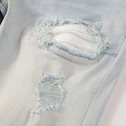 Men Pale Light Blue Biker Jeans Cracked Pleated Patch Patchwork Stretch Denim Pants Streetwear Holes Ripped Skinny Trousers PlatiNum