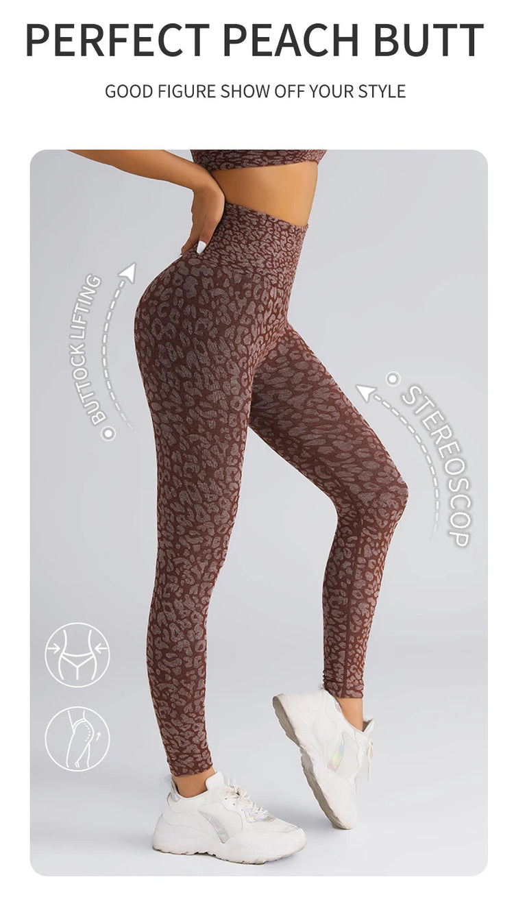 Women's Seamless Leopard Print Yoga Pants with Hip Lifting and High Waist Fitness Pants with High Elasticity PlatiNum