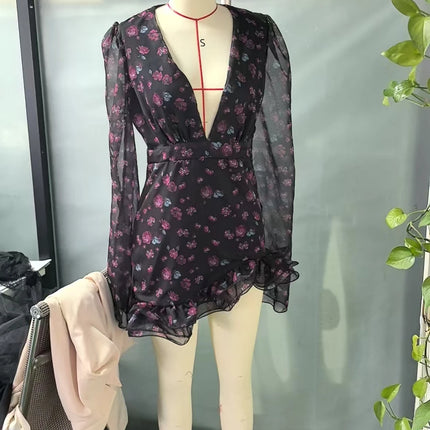 Women's Elegant Mini Dress with Ruffles and Floral Print, Long Sleeves, Deep V-Neck, Slim A-Line Dress 2026, New Women's Dress for Holidays and Street Style