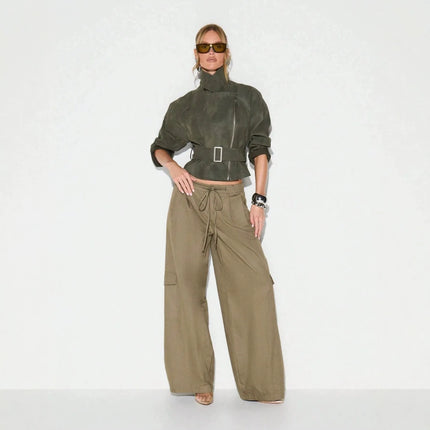 Belt Zipper Top with Waist Cinching American and European Style Streetwear Notched Lapel Thick No Hood Women Autumn Jacket