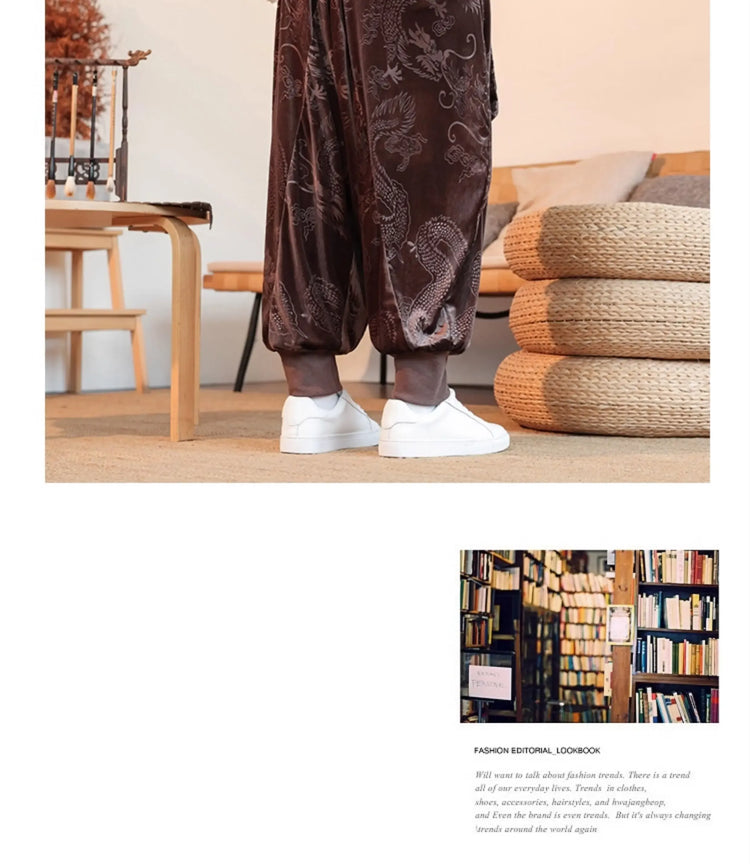 Pantaloni da uomo stile cinese retrò allentato drago scuro stampa pantaloni a gamba larga Kung Fu Tai Chi pantaloni casual tradizionali taglie forti 5XL
