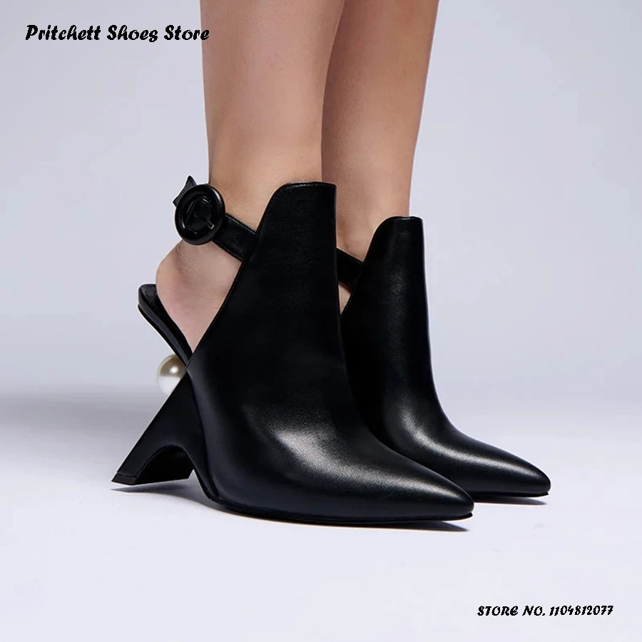 Women's Faux Pearl Slingback Pumps Elegant Buckle Strap Strange Style High Heels Spring Summer Pointed Toe Party Dress  Shoes