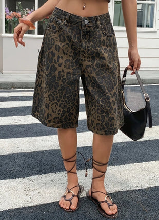 Pantaloncini Bermuda in Denim Vintage con Stampa Leopardata da Donna, a Vita Alta, Gamba Larga, Casual Estivi, Streetwear, Moda Quotidiana
