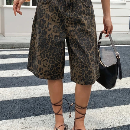 Pantaloncini Bermuda in Denim Vintage con Stampa Leopardata da Donna, a Vita Alta, Gamba Larga, Casual Estivi, Streetwear, Moda Quotidiana