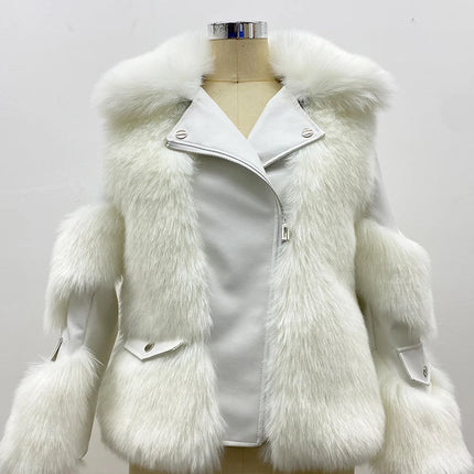 ZADORIN New Winter Coats Furry Faux Fox Fur Coat Women Turn Down Collar PU Leather Splicing Warm Lining Luxury Faux Fur Jacket