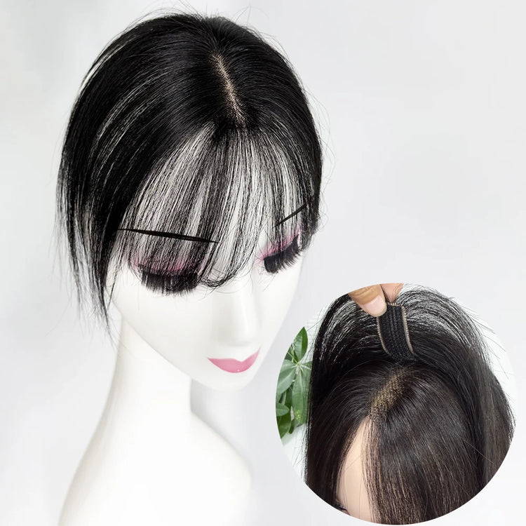 No Clip-in Real Human Hair Topper Weightless Black Air Bangs Cover Sparse Hair Seams Patches 2x9cm #3 Net Human Hair Pieces