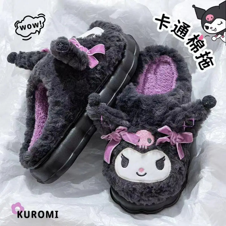 Sanrio Kuromi Kawaii Plush Slippers Women Thick Platform Height Increasing Non-Slip Warm Winter Indoor House Shoes