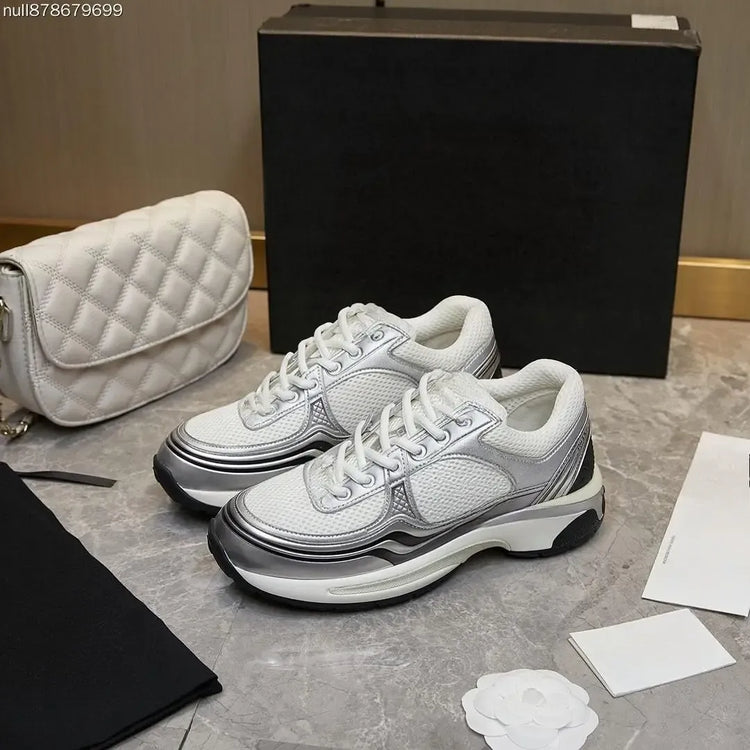 Unisex Retro Silver‑White Platform Sneakers Lace‑Up Mixed‑Material Comfort Streetwear Shoes For Male Female