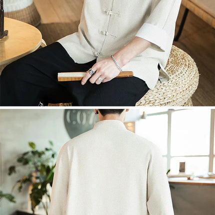 Camicia stile cinese da uomo Tang Suit Lino Kung Fu Cardigan maschile allentato Top Ricamo retrò Camicie kimono samurai giapponesi Streetwear