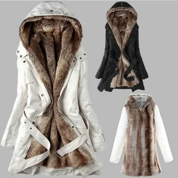 3 in 1 Winter Coat Women's Hooded Windbreaker Furry Inner Jacket Thick Warm Mid Length Parka Casual Fashion Cold Outerwear