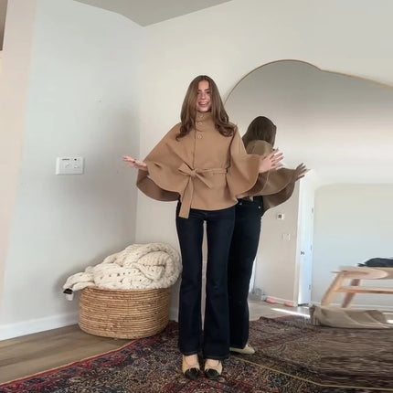 Faux Fur Cloak Jackets Women Loose Standneck Three Button Wide Sleeves Belt Coats Female 2026 Autumn Solid Chic Fashion Outwears