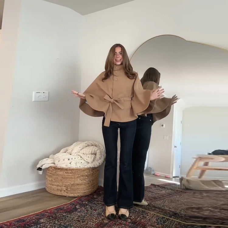 Faux Fur Cloak Jackets Women Loose Standneck Three Button Wide Sleeves Belt Coats Female 2026 Autumn Solid Chic Fashion Outwears