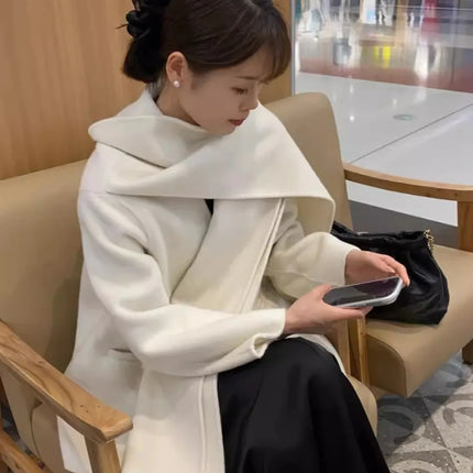 Scarf Collar 100%Wool Coat Women, Korean Fashion Elegant Outerwear, Loose Autumn Winter Jacket