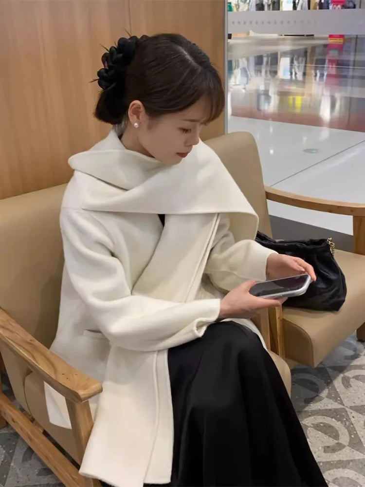 Scarf Collar 100%Wool Coat Women, Korean Fashion Elegant Outerwear, Loose Autumn Winter Jacket