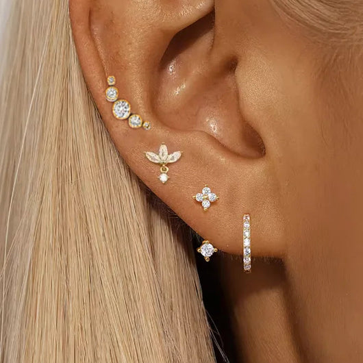 4PCS Zircon Heart Moon Flower Small Hoop Earrings Set For Women Stainless Steel Huggies Pendant Piercing Earrings Jewelry Aretes PlatiNum